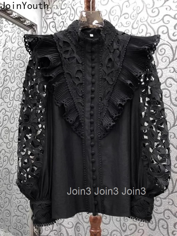 2025 Blusas Mujer De Moda White Blouses for Women Stand Neck Long Sleeve Shirts Hollow Out Embroidery Loose Vintage Blouse Tops