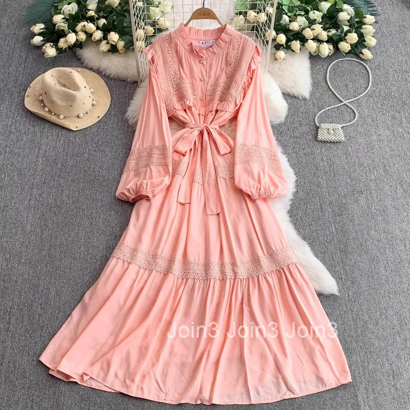 Maxi Dresses Women Ruffles Pink Robe Femme 2025 Vestidos De Mujer Patchwork Lace O-neck High Waist Bandage Elegant Summer Dress