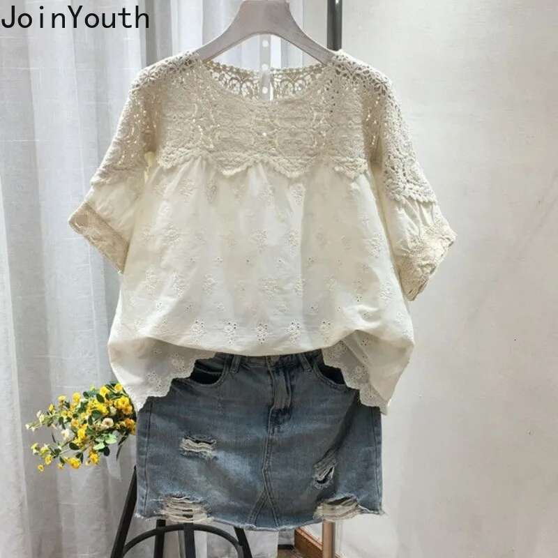 2025 Blusas Mujer De Moda Blouse Women Short Sleeve Embroidery Cotton Shirts Oversized Tops Hollow Out Vintage Summer Blouses
