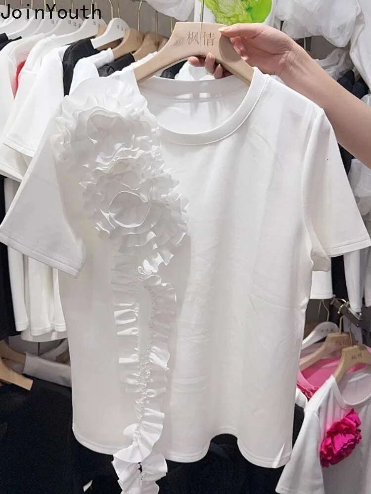 2025 Women Clothing Summer T Shirts 3D Floral Sweet Camisetas Ropa Mujer Short Sleeve O-neck Tees Loose Chic White T-shirt Tops