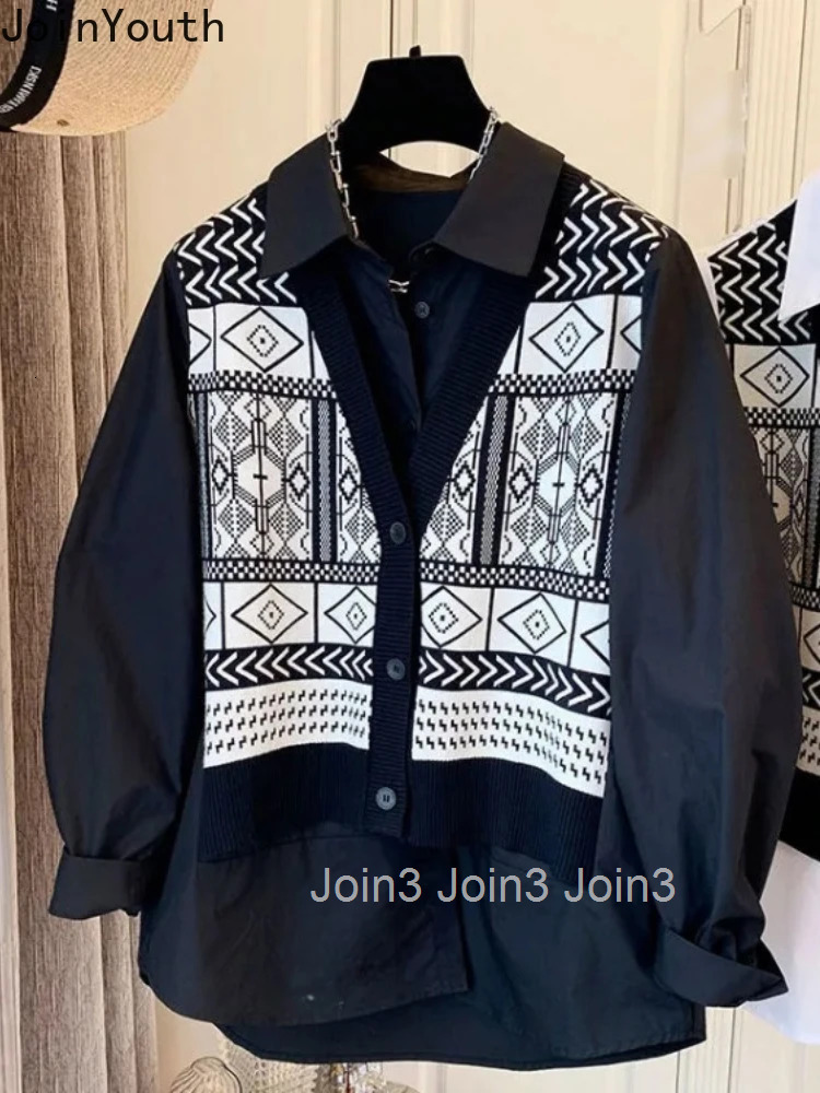 Oversized Blouse Women Clothing 2025 Blusas Mujer De Moda Patchwork Print Chic Fake Two Shirts Vintage Fashion Blouses Tops