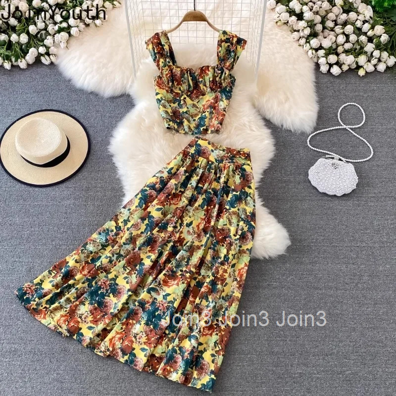 Skirt Suit Women Clothes Fashion 2 Piece Sets Roupas Femme Tunic Vest High Waist A-line Big Swing Skirt Outfits Print Summer Set