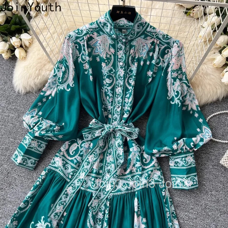 Vintage Dress Womens Clothing Stand Neck Lantern Sleeve Slim Waist Single Breasted Robe Femme Floral Summer Loose Maxi Dresses