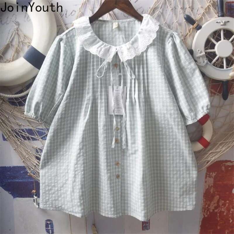 Japanese Blouses for Women Lace Peter Pan Collar Short Sleeve Shirts Loose Summer Bandage Plaid Blouse Tops Camisas De Mujer