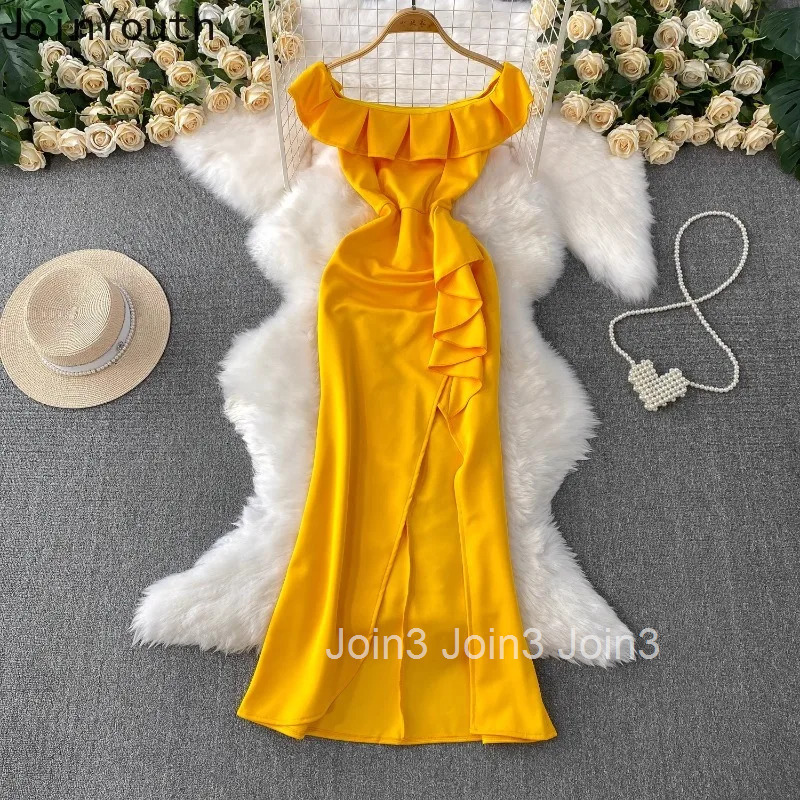 2025 Vestidos De Mujer Summer Dress for Women Slim Waist Slim Fit Split Robe Femme Ruffles Elegant Slash Neck Maxi Dresses