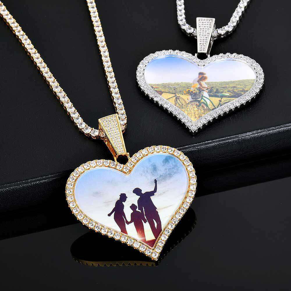 Hip Hop Jewelry Large Heart Photo Frame Pendant Trendy DIY Zircon Men's Necklace 54ee