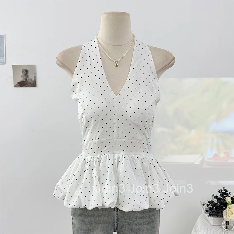 Polka Dot Tanks Women Clothing Sleeveless V-neck Backless Tees 2025 Ropa Mujer Bandage Ruffles Chic Camis Sexy Summer Vest Tops