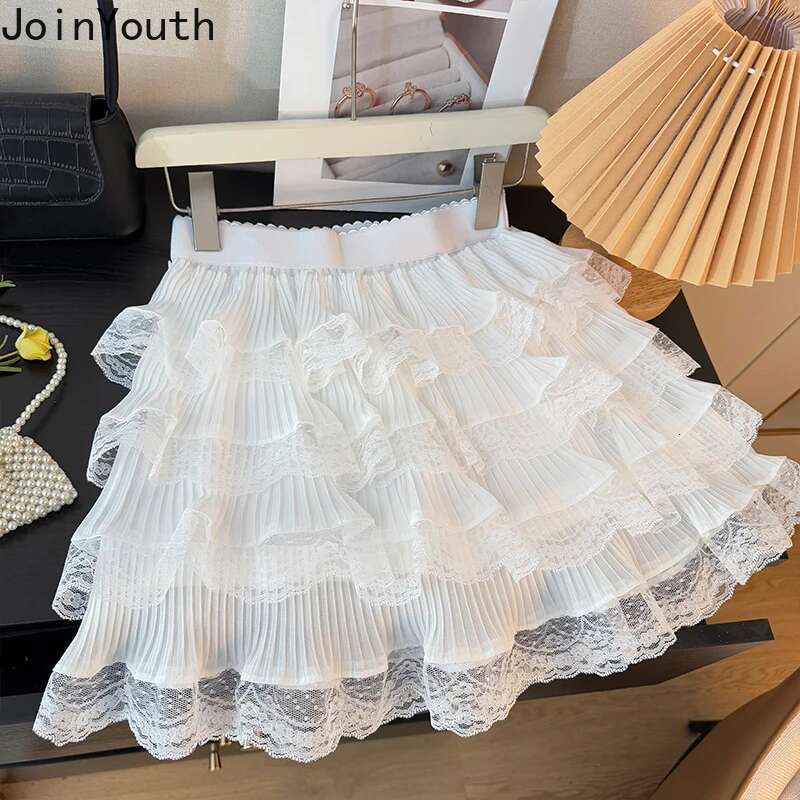 Mini Skirts for Women Sweet Jue High Waist A-line Summer Saia 2025 Faldas Mujer De Moda Patchwork Lace Chic Ruffles Cute Skirt