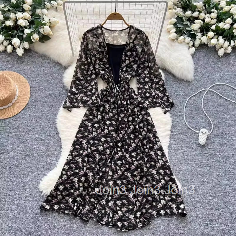 Dress for Women 2 Piece Set Flare Sleeve Floral Chiffon Dresses 2025 Vestidos De Mujer Vintage High Waist Temperament Robe Femme