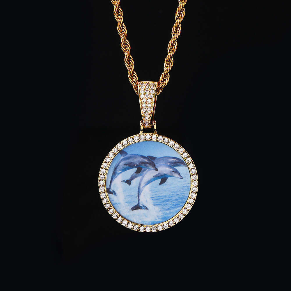 New Small Round Pendant Micro Paved Zircon Trendy Hip Hop Photo Frame Men's Necklace 1d99