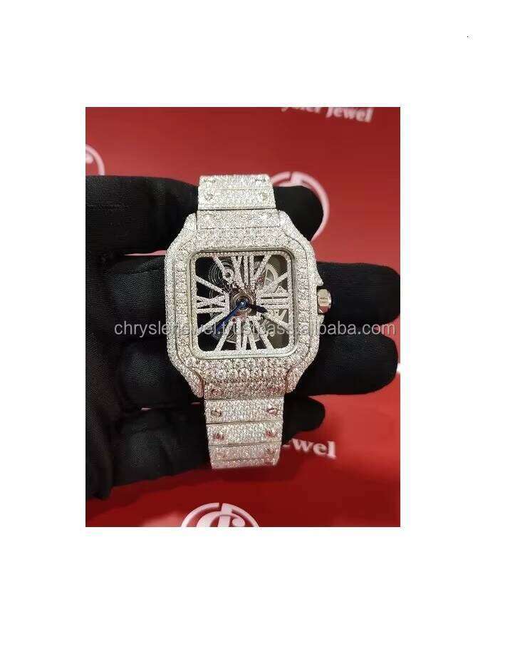 Moissanite Hip Hop Bling Stainless Steel Mechanical Handmade Diamond Watches Men Wristwatches for Gift