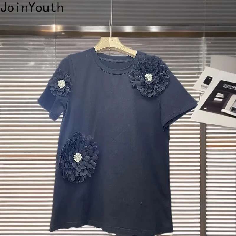 Summer Women Clothes Y2k Tops White Woman T-shirts 2025 Ropa Mujer 3D Floral Tees Short Sleeve O-neck Fashion Casual T Shirts