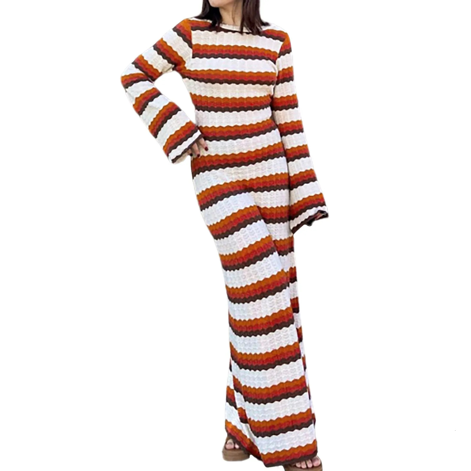 Knitting Hollow Out Dresses Womens Striped Contrast Dresses Beach Vacation Sexy Long Dress Autumn And Winter Sweater Dress 250617