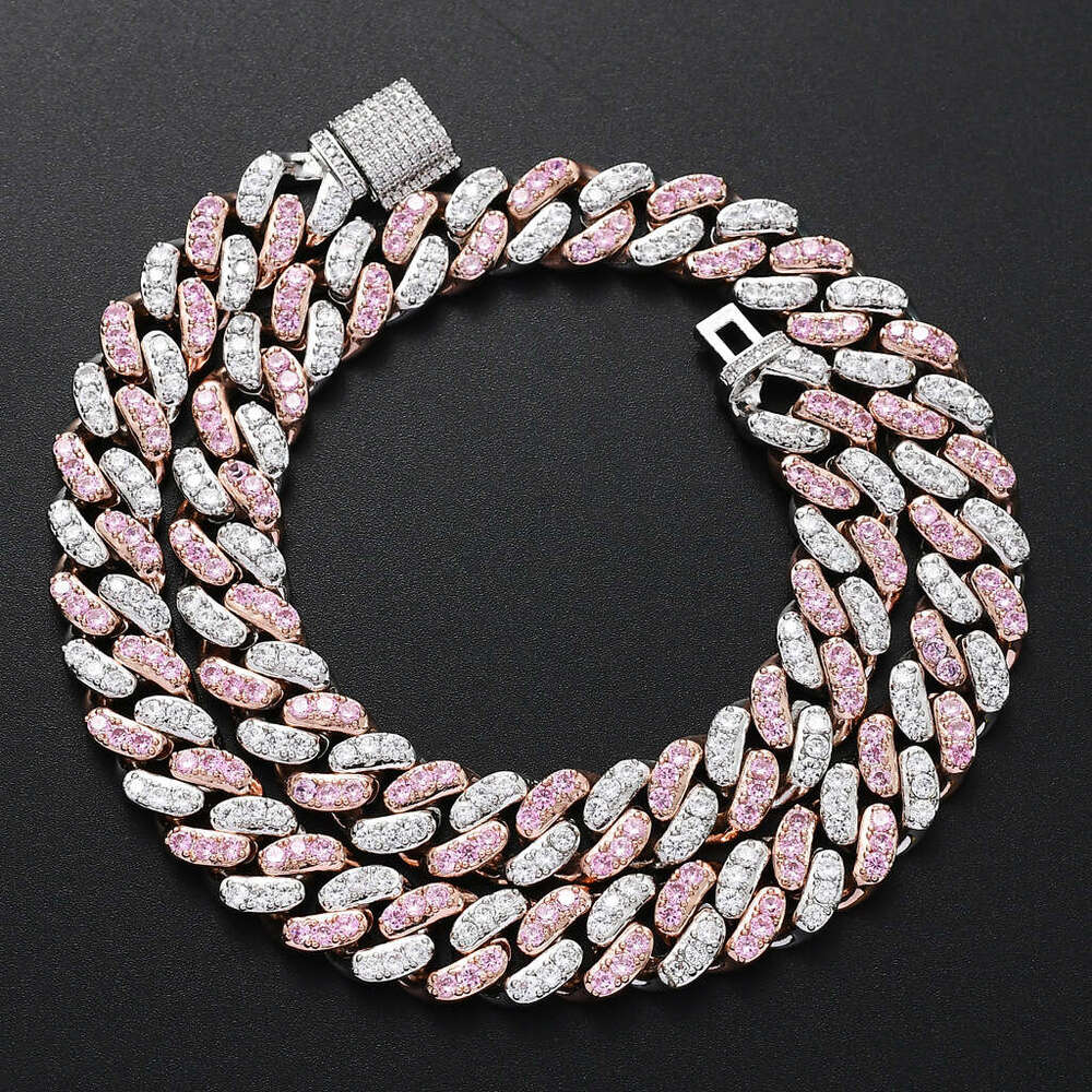 for Men 12mm Wide Micro Paved Pink White Zircon Cuban Necklace Bracelet Hip-Hop Trendy Accessories 0848