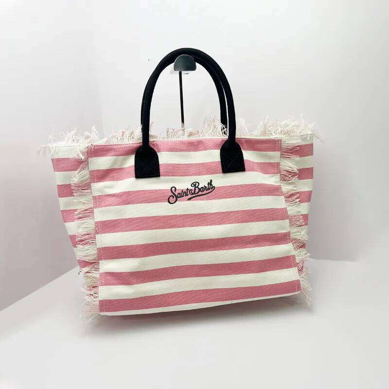 SAINT BARTH European And American New Women's Large Capacity Casual Travel Canvas Striped Handmade Tassel Handbag Tote Bag
