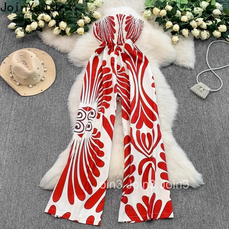 Sexy Jumpsuit Slash Neck Strapless Jump Suit for Women Floral Folds Slim Waist Rompers Fashion Summer Wide Leg Pants Palysuit