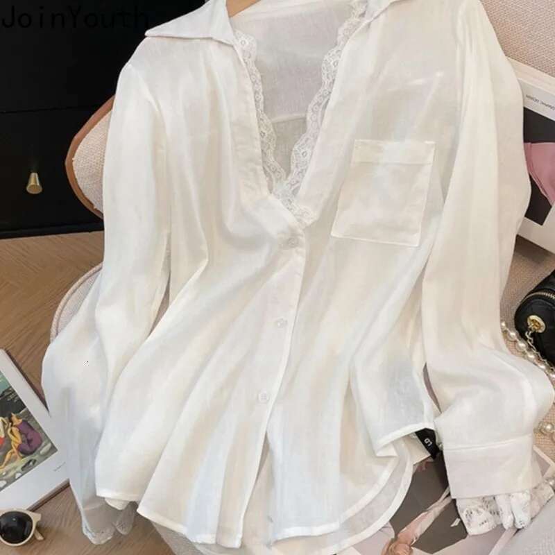 2025 Camisas De Mujer White Long Sleeve Blouses Womens Clothes Patchwork Lace Fashion Shirts See Through Oversized Sexy Tops