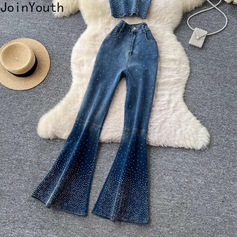 Summer Women Clothing Denim Two Piece Sets Backless Vest Crop Tops Tunic Flare Pants Outfits Chic Sexy Y2k Suit Korean Outfits