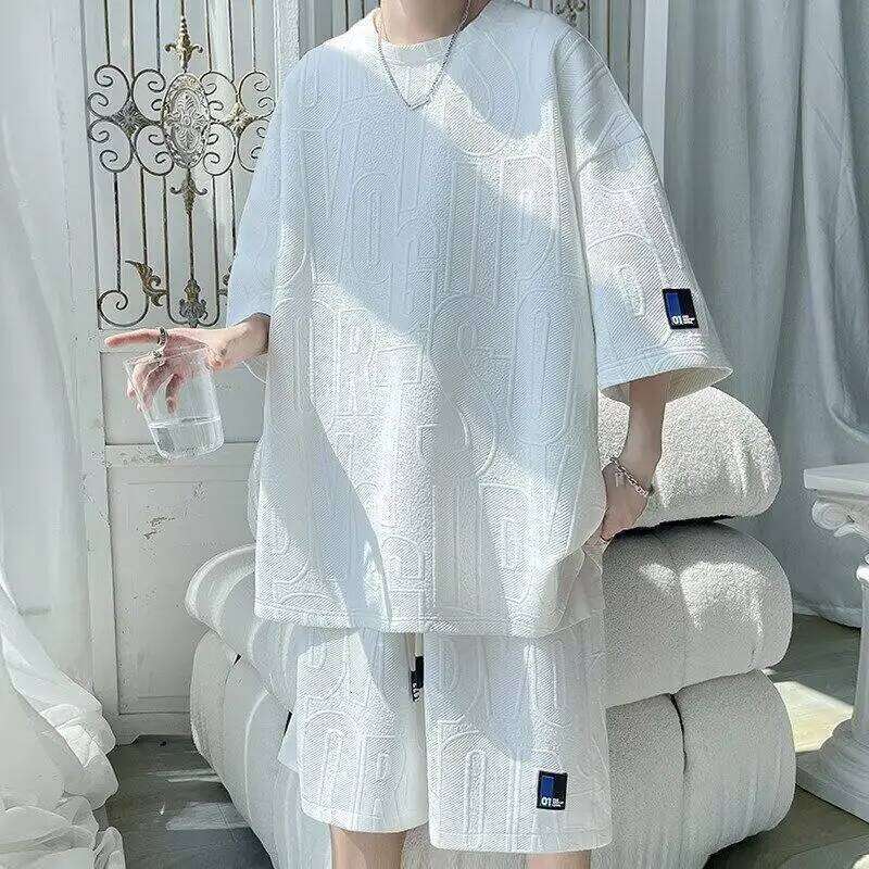 2025 3D New Waffle Tz30 Summer Casual T-Shirt + Shorts Suit Men's Tracksuit Solid Color Tracksuit Loose Suit