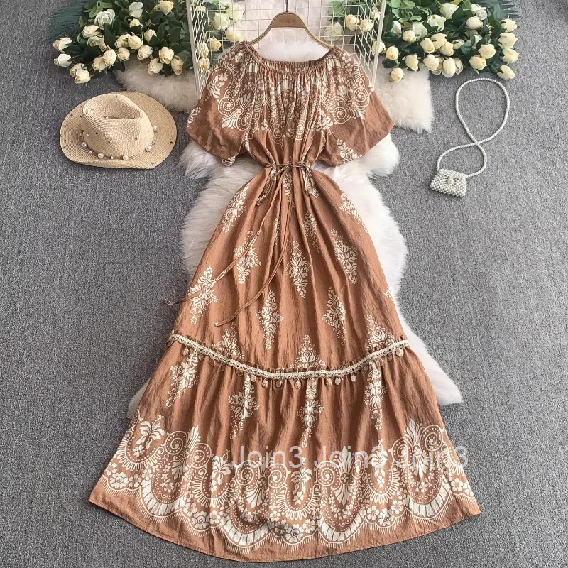 Maxi Dress Womens Clothing 2025 Vestidos De Mujer O-neck Puff Sleeve Slim Waist Robe Femme Floral Tassel Vintage Summer Dresses