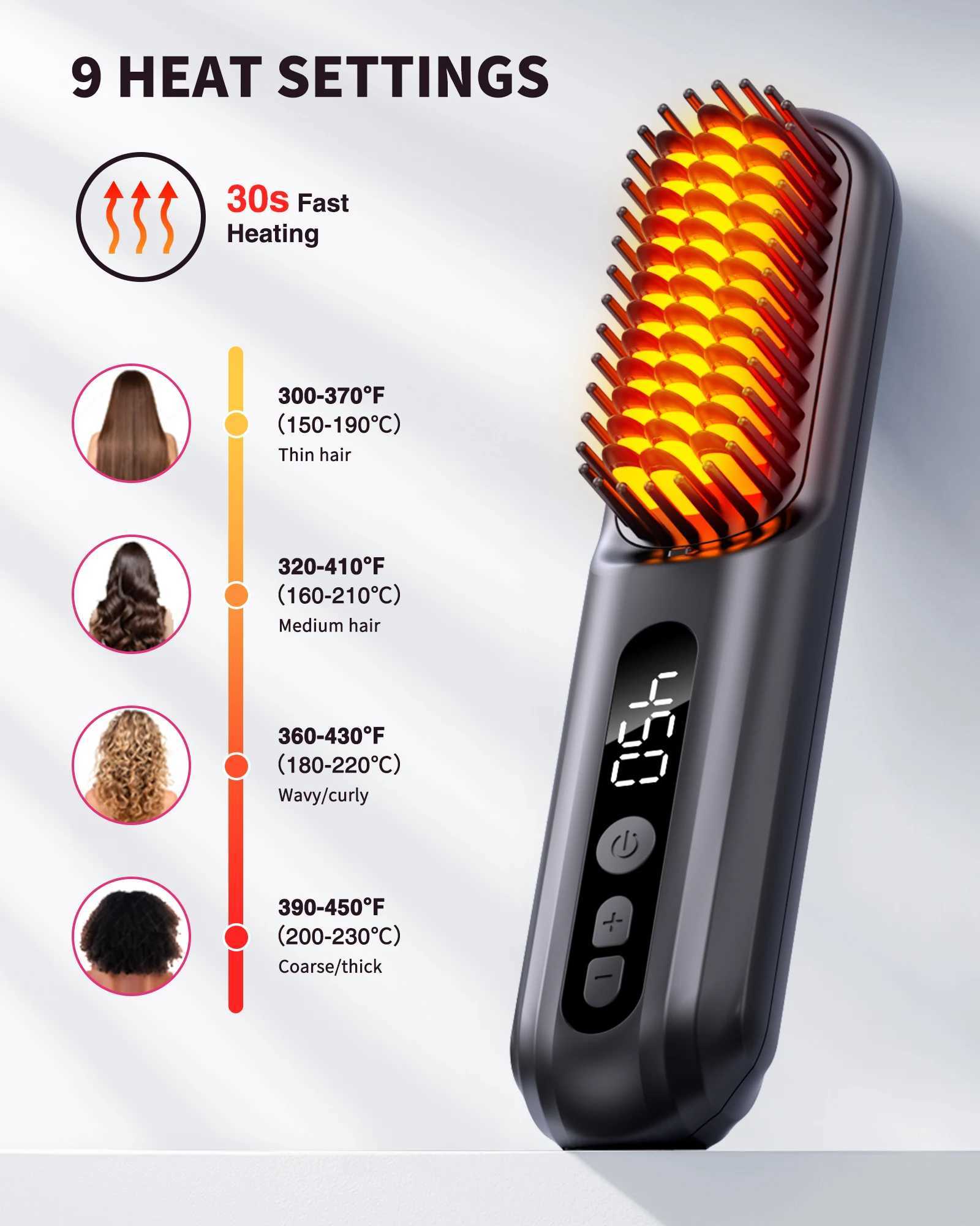 BOPCAL Cordless Hair Straightener Brush 10000mAh LED Display Negative Ions Hair Care Ceramic Electric Hot Heating CombXJ250621