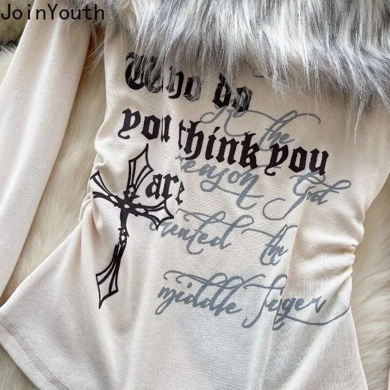 Vintage Woman T Shirts Patchwork Furry Slash Neck Flare Sleeve Tees Y2k Tops Tunic Letter Tshirt Ropa Mujer Korean Camisetas
