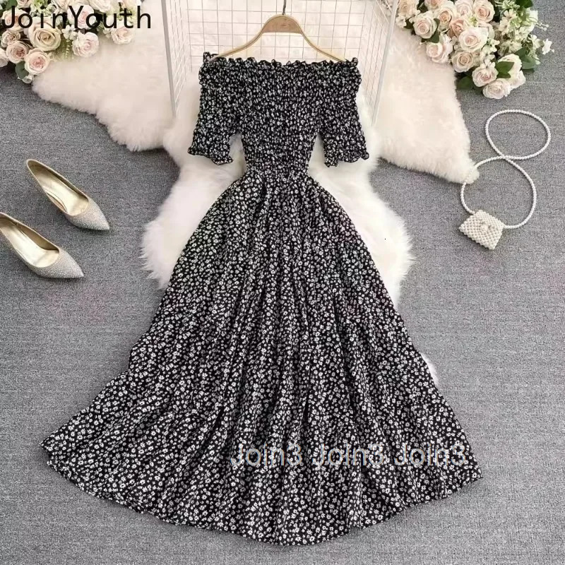 Summer Woman Dress Vestidos De Mujer Slim Waist Short Sleeve Big Swing Robe Femme Slash Neck Folds Floral Chiffon Maxi Dresses