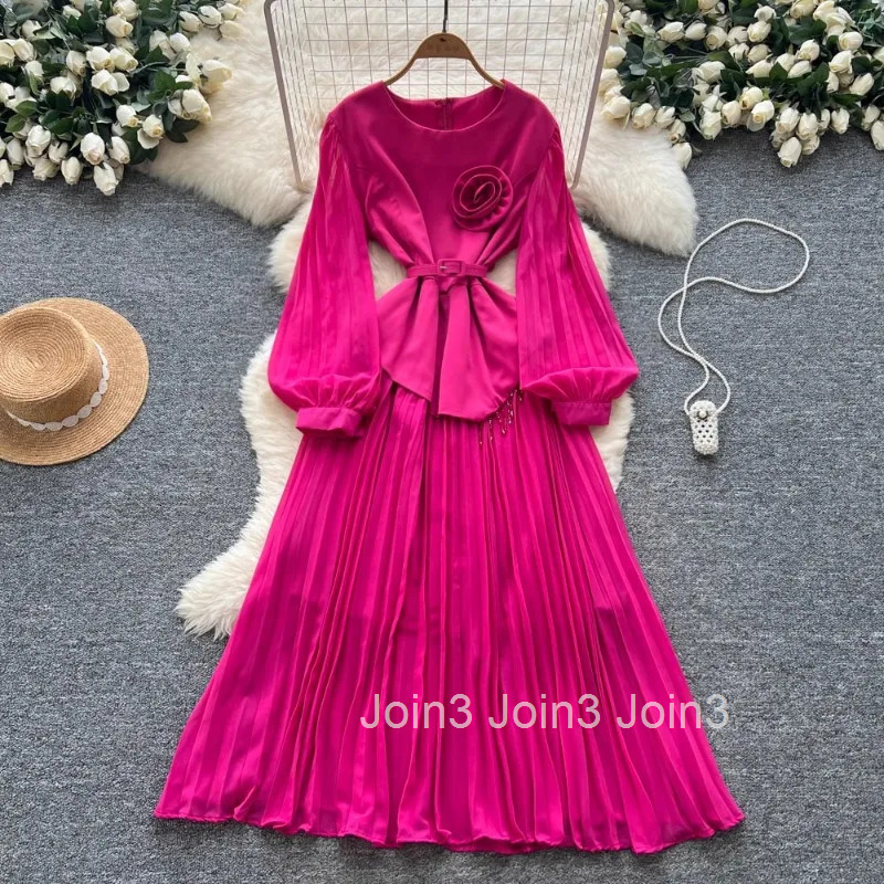 Vintage Summer Dress O-neck Lantern Sleeve Temperament Robe Femme 2025 Vestidos De Mujer High Waist Big Swing Pleated Dresses