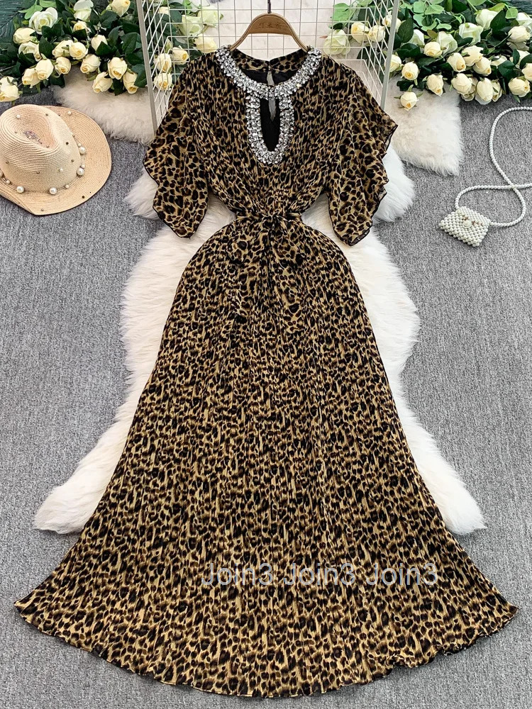 2025 Vestidos De Mujer Sexy Leopard Print Elegant Dress for Women Slim Waist Pleated Robe Femme Diamond O-neck Summer Dresses