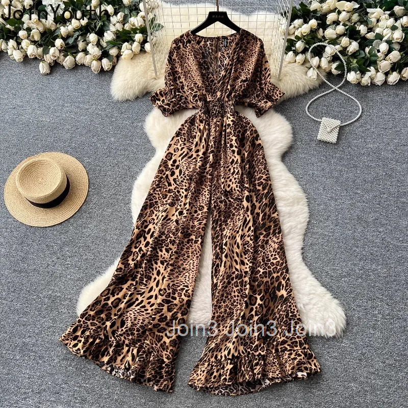 Floral Jumpsuit Womens Clothing V-neck Short Sleeve Elastic Waist Wide Leg Pants Bodysuit Chic Vintage Rompers Summer Playsuit