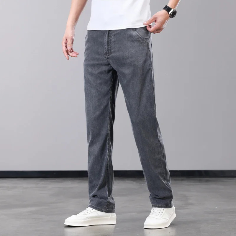 Summer Thin Mens Jeans Lyocell Fabric Soft Breathable Straight Denim Pants Man Elastic Ice Silk Casual Trousers Grey Blue 250616