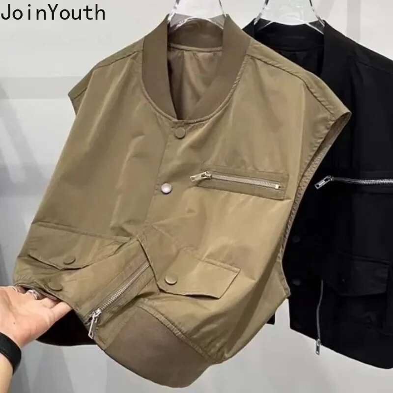 2025 Women Clothing Fashion Vest Patchwork Zipper Sleeveless Waistcoat Korean Casual Tanks Crop Tops Chalecos Para Mujer 27r575