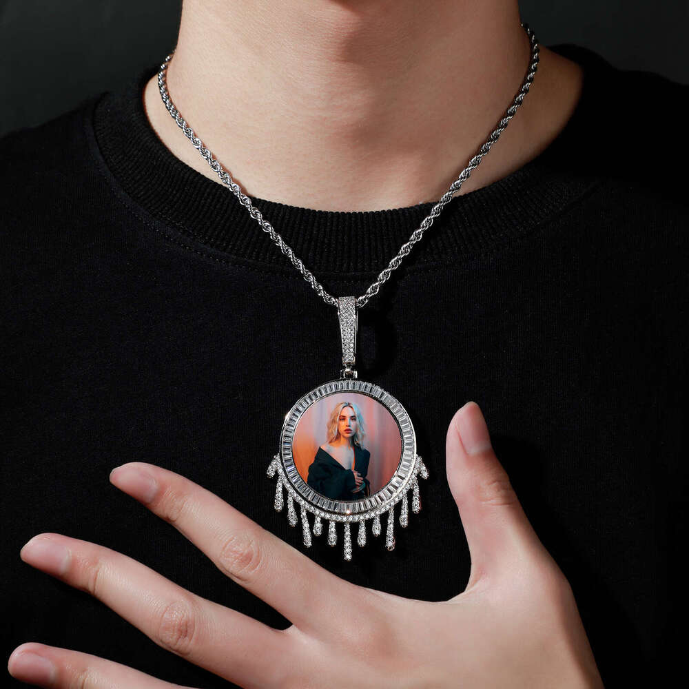 Jin Ao T Square Full Dia Water Drop Hip-Hop Photo Frame Pendant Necklace for Men and Women Couple Jewelry