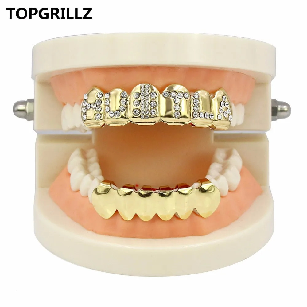 TOP Gold Color Plated Iced Out Letter CZ Stone Hip Hop Teeth For Mouth Caps Top Bottom Grills Set Classic tooth 250613