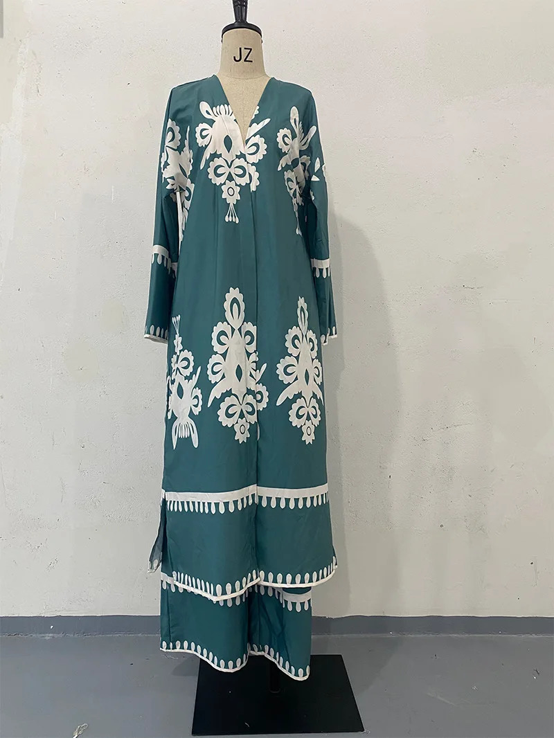 Eid Muslim Suits Women Print Blouses Wide Leg Pants Set Two Piece Musulman Ensemble Dubai Arabic Morocco Islam Casual Ramadan 250617