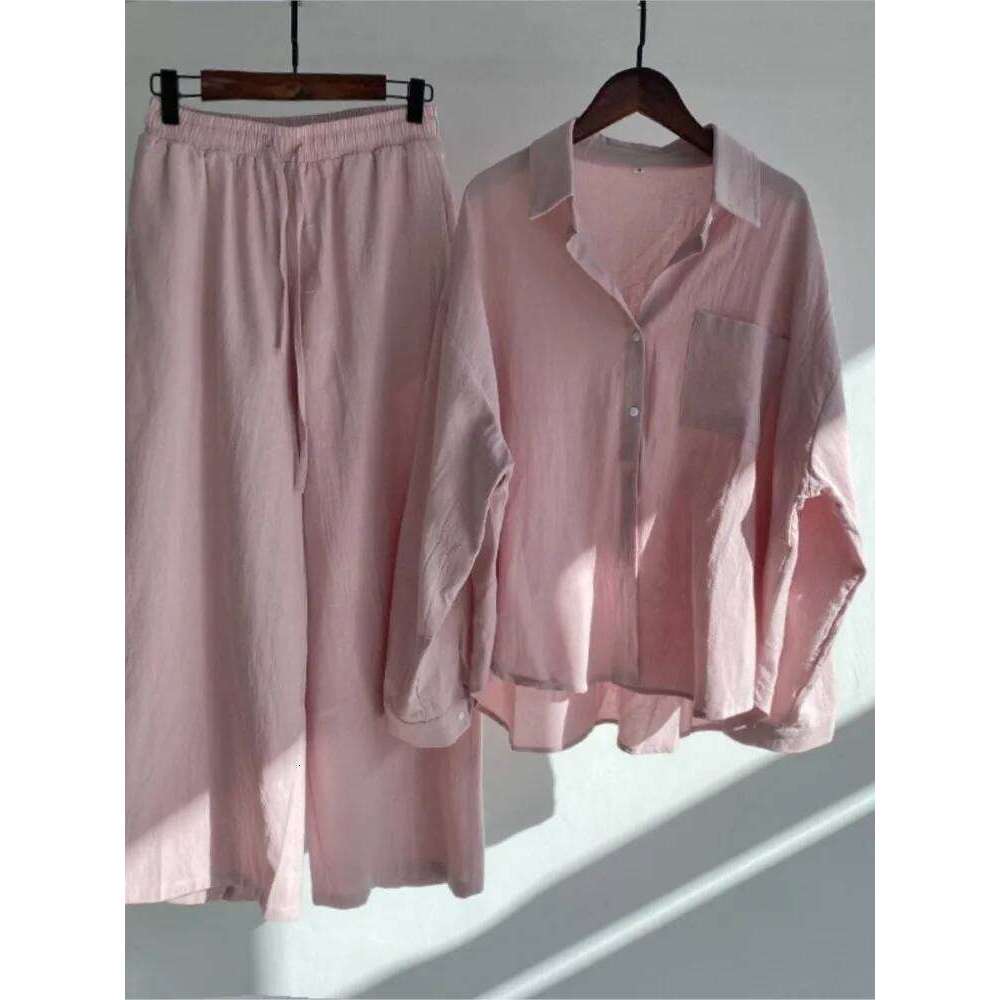 Designer Leisure High Quality Spring Summer Two Long Sleeve Shirt Women's Suit Fashion Button Casual Female Wide Leg Pants 2 Piece Sets