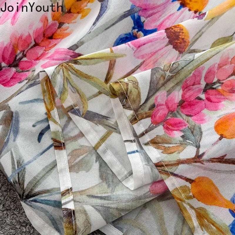 Floral Vintage 2 Piece Sets 2025 Women Clothing Stand Neck Bandage Blouses High Waist A-line Big Swing Suit Chic Summer Outfits