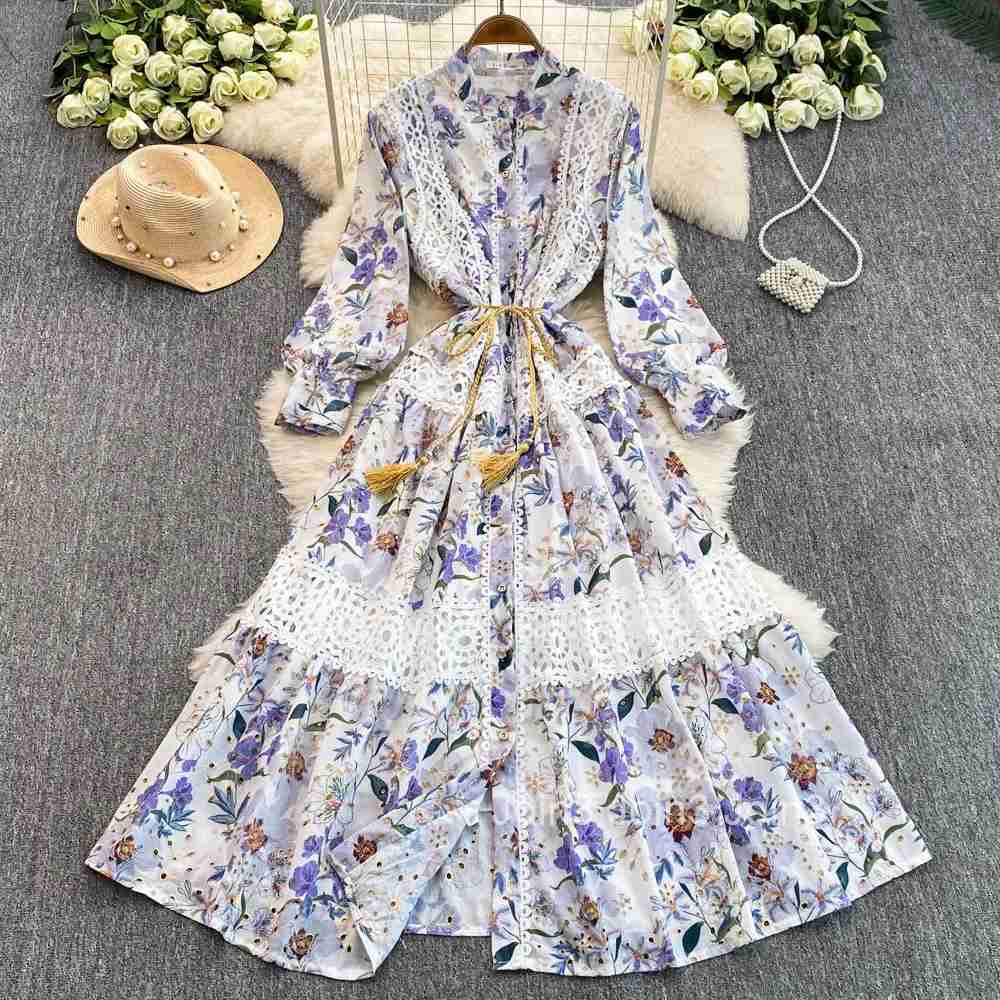 Floral Dress for Women Lace Stand Neck Single Breasted Slim Waist Robe Femme 2025 Vestidos De Mujer Vintage Summer Maxi Dresses