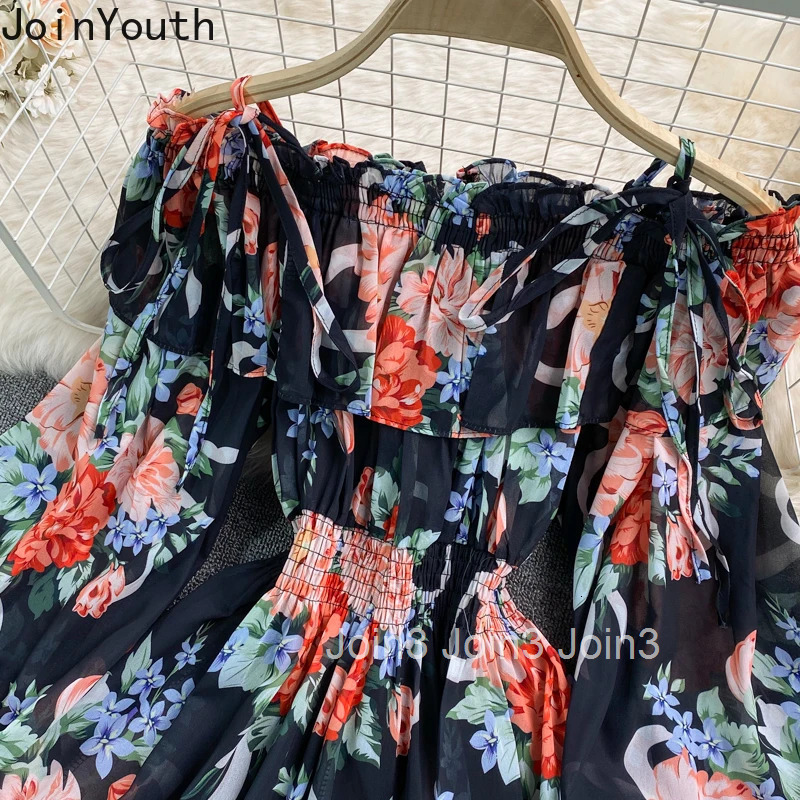 Women Jumpsuit Floral Summer Rompers Slash Neck Bandage Ruffles Wide Leg Pants Playsuit Fashion Off Shoulder Chiffon Jump Suit