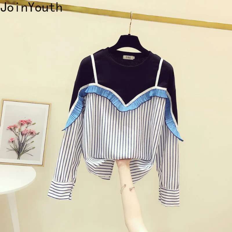 Korean Women Shirts 2025 Blusas Mujer De Moda Patchwork Striped Casual Blouses Fashion Fake Two Loose Ruffles Blouse Tops Femme