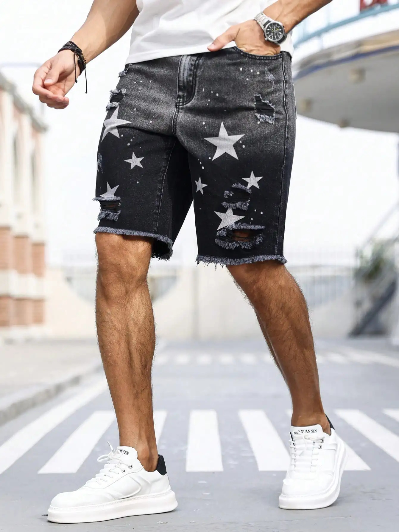 Mens summer denim printed shorts. Black - grey gradient color. Ripped details. Street - style trend. 250616