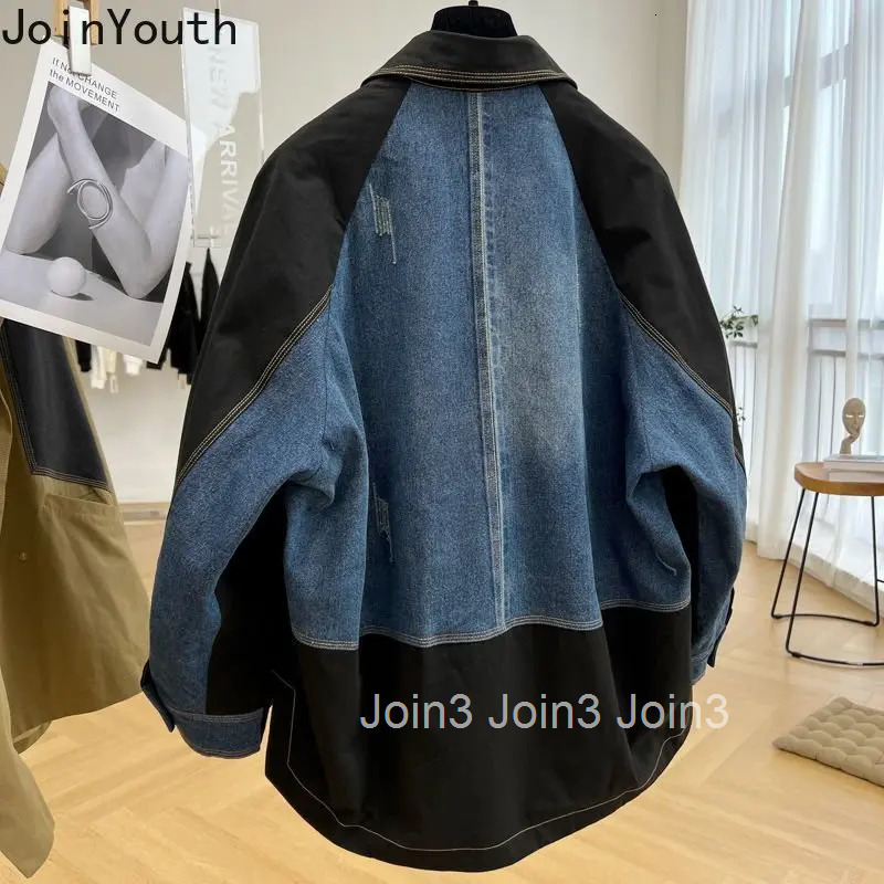 Harajuku Jackets for Women Denim Patchwork Casual Oversized Coats Outwear Fashion Contrast Color Clothes Y2k Coat Korean Tops