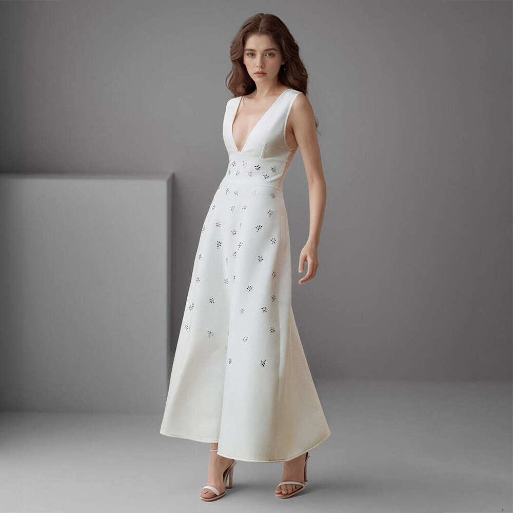 White Skirt Maxi Skirt Women S Fashion White Rhinestone Strap Deep V Slim Elegant Long Dress Long Skirt