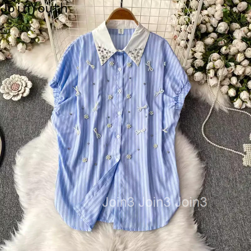 2025 Blusas Mujer De Moda Summer Blouses Womens Clothes Beading Loose Vintage Shirts Short Sleeve Fashion Striped Blouse Tops