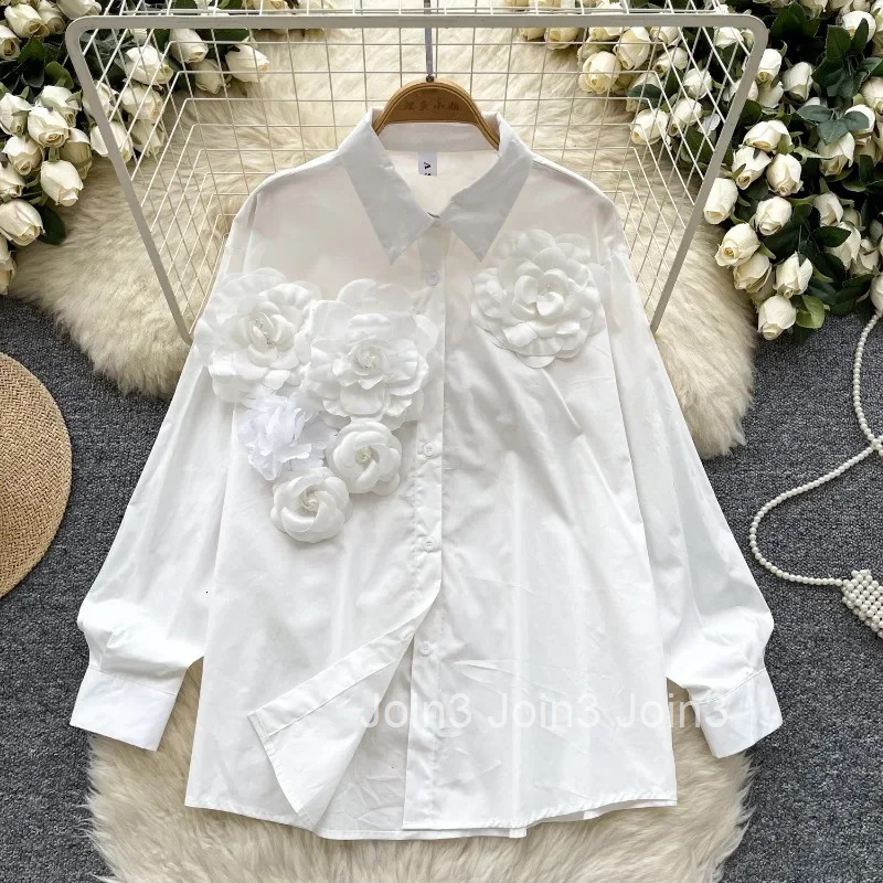 Temperament Blouses for Women 2025 Camisas De Mujer 3D Floral Temperament Shirts White Tops Vintage Long Sleeve Korean Blouse