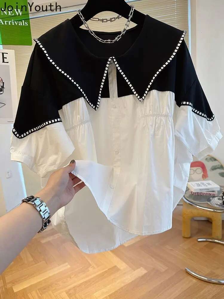Contrast Color Blouse for Women 2025 Blusas Mujer De Moda Patchwork Loose Summer Shirts Peter Pan Collar Fashion Blouses Tops
