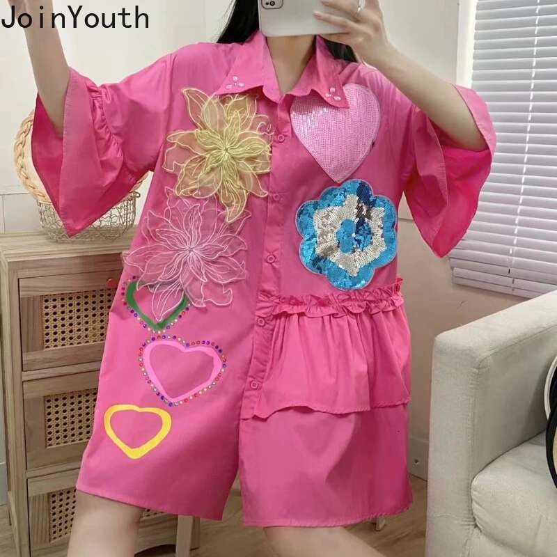 2025 Women Clothing White Blouses Fashion Heavy Sequin Floral Shirts Camisas De Mujer Fashion Casual Summer Loose Blouse Tops