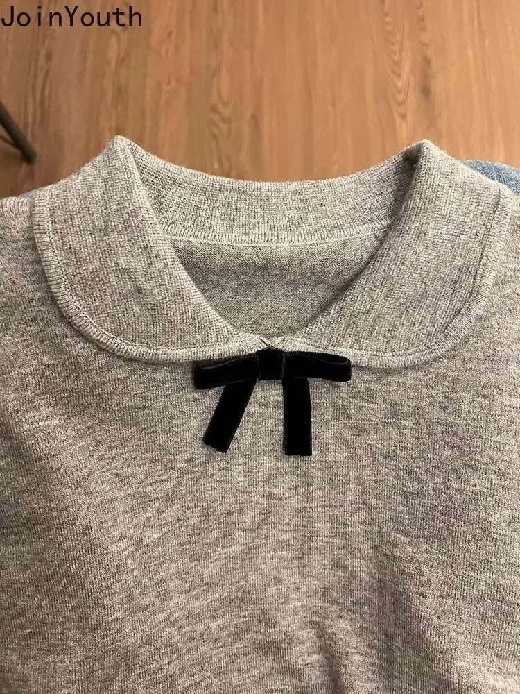Peter Pan Collar Knitted T Shirts for Women Short Sleeve Casual Tees Crop Tops 2025 Ropa Mujer Fashion Bow Simple Summer T-shirt