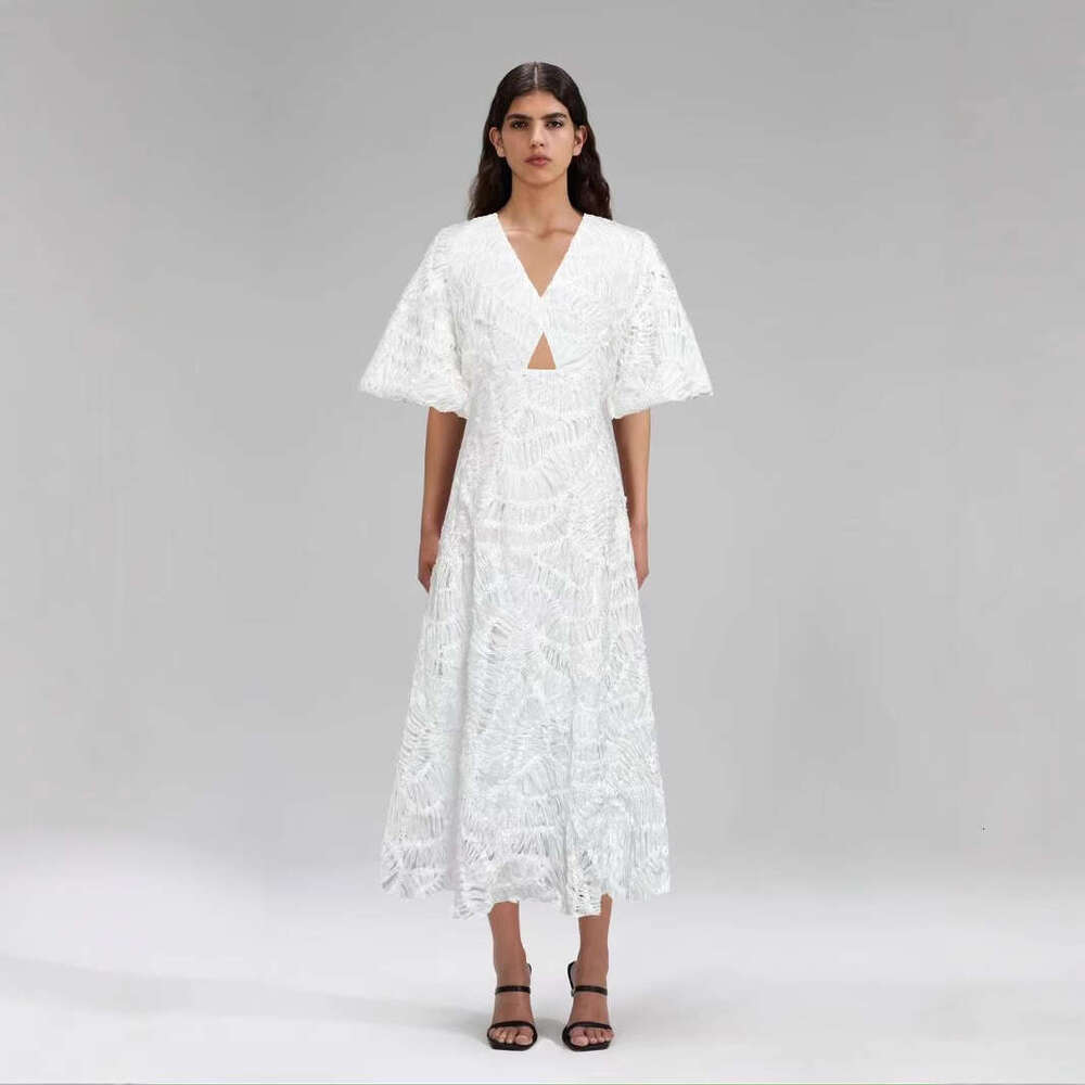White Skirt Maxi Skirt Australia Spring New V Neck Puff Sleeve Hollow Out Solid Color Long Dress For Women Long Skirt