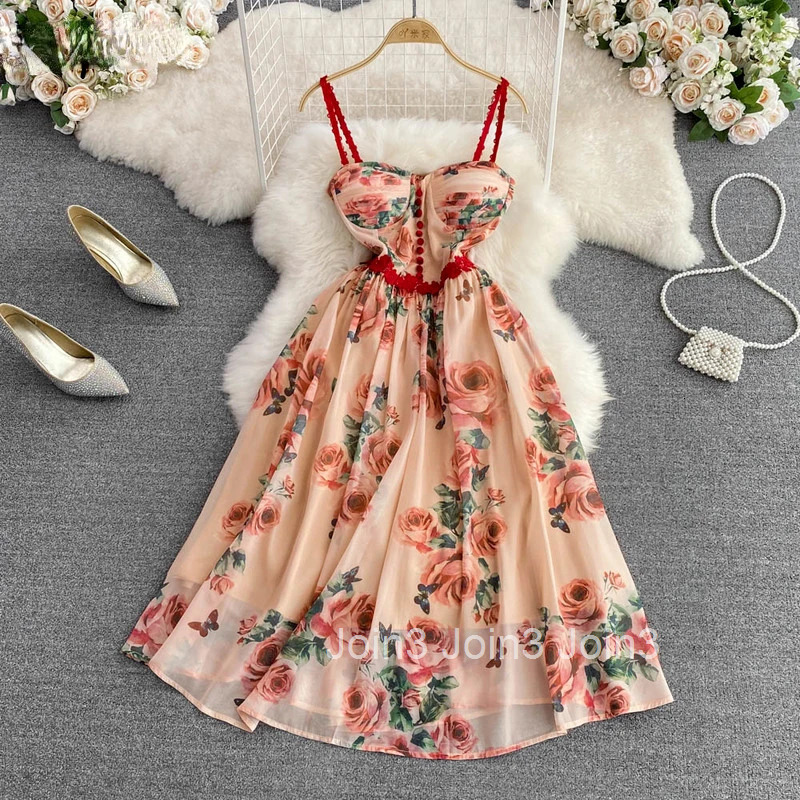 Sweet Summer Woman Dress 2024 Vestidos De Moda Fashion Floral Gauze Sling Robe Femme High Waist Backless Dresses Women Clothes